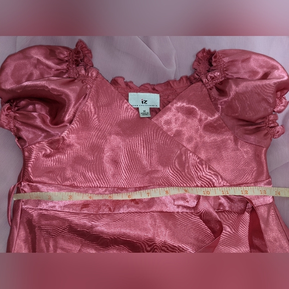 Satin pink puff sleeve gathered ruffle blouse surplice babydoll waist tie top - Picture 4 of 5